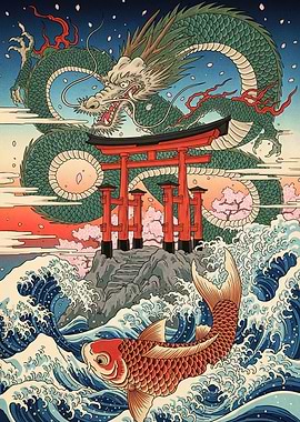 Japanese Dragon Torii Gate Koi
