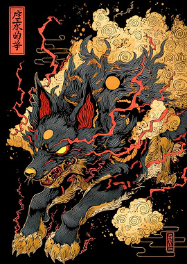 Stylized Wolf Illustration with Japanese Elements