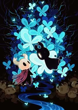Hollow Knight characters in a blue forest