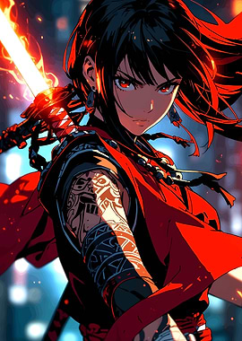 Anime Warrior with Fiery Sword
