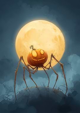 Pumpkin Spider Monster Under Full Moon