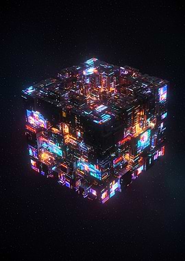 Cyberpunk City Cube in Space