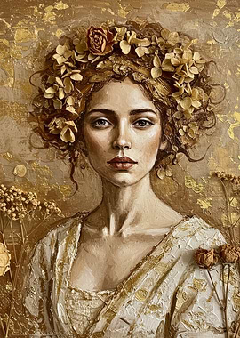 Golden Portrait of a Woman with Flowers