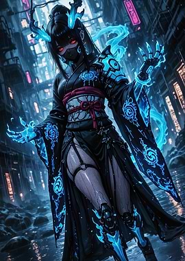 Cyberpunk Geisha in Rainy Cityscape