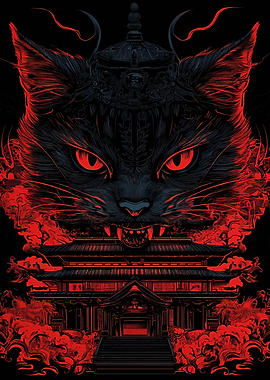 Cat and Temple Red Black Illustration