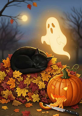 Halloween Cat Nap with Ghost Halloween2025