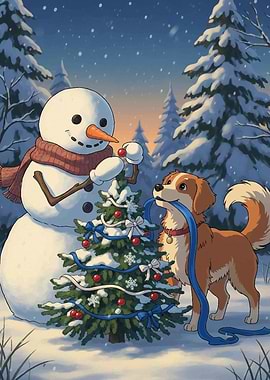 Snowman, Dog, and Christmas Tree