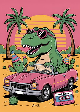 Dinosaur driving a car with cacti