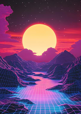 Synthwave Landscape with Sun and Grid