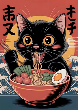 Black Cat Eating Ramen Illustration