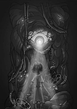 Monochrome Dreamscape with Child and Eye