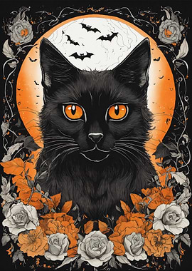 Halloween Black Cat with Floral Frame