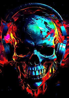 Skull with Headphones Colorful Digital Art