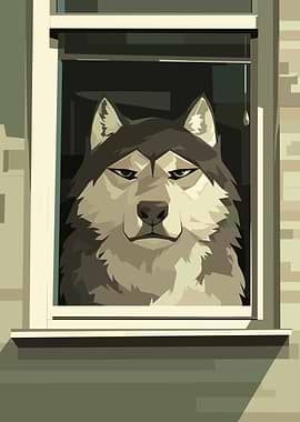 Husky Dog Looking Out Window Art
