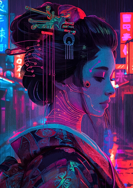 Cyberpunk Geisha in Neon Rain