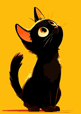 Cartoon Black Cat on Yellow Background