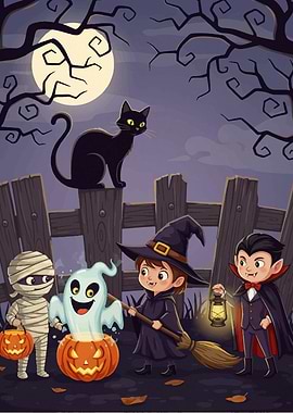Halloween Night Cartoon with Kids and Cat