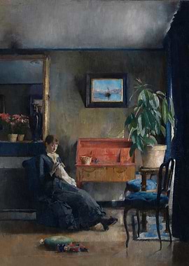 Woman Knitting in Interior Painting