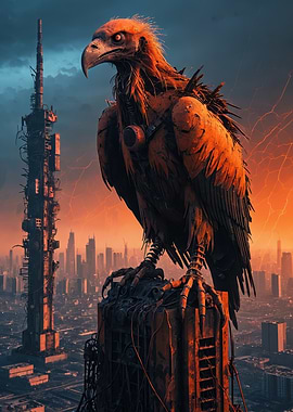 Mechanical Vulture Over a Dystopian Skyline