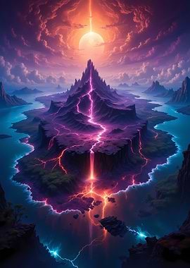 Fantasy Landscape with Lightning and Waterfalls