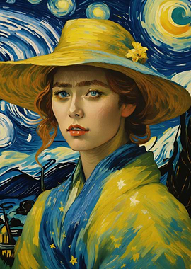 Woman in Starry Night Style Painting