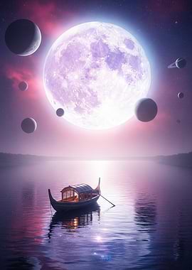 Boat on Cosmic Ocean with Planets