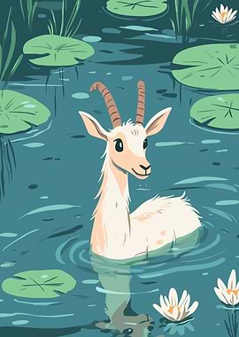 Goat in a Lily Pond