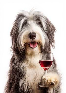 Bearded Collie with Wine Glass