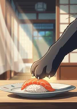 Cat paw touching sushi on plate