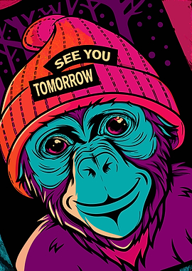 Colorful Gorilla with Beanie Art