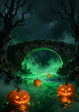 Halloween Pumpkins in a Spooky River
