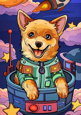 Corgi Astronaut in Space Cartoon