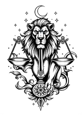 Lion with Scales and Moon Tattoo
