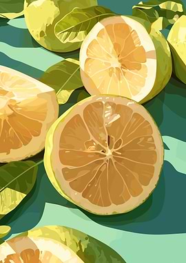 Sliced Lemons and Leaves Still Life