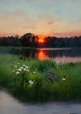 Sunset over lake with wildflowers painting