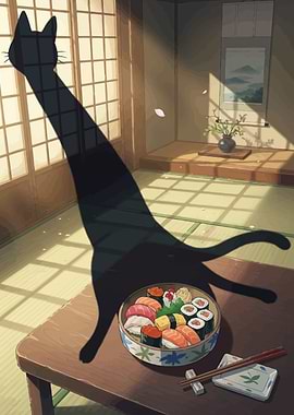 Cat Shadow and Sushi Still Life
