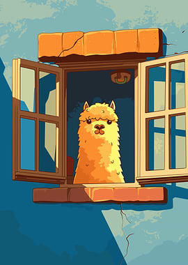 Alpaca in Window Cartoon Illustration