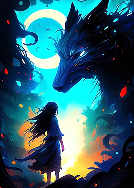 Girl and Wolf under the Moon