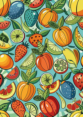 Colorful Fruit Pattern on Light Blue