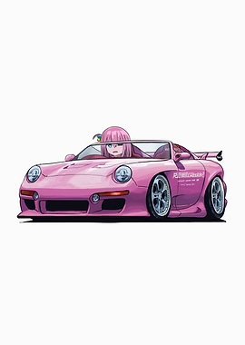 Anime girl in a pink car