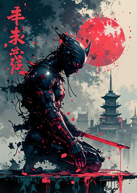 Cyberpunk Samurai with Blood Moon