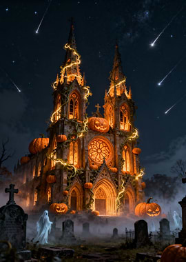 Halloween Church with Pumpkins and Ghosts