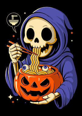 Grim Reaper Eating Ramen from Pumpkin