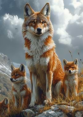 Coyote Family Portrait in Mountain Landscape