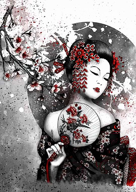 Geisha with Cherry Blossoms Art