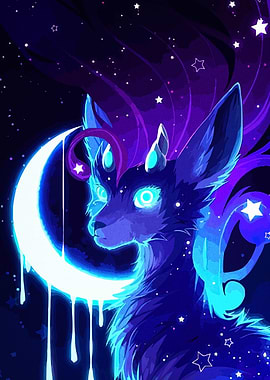 Celestial Wolf with Moon and Stars