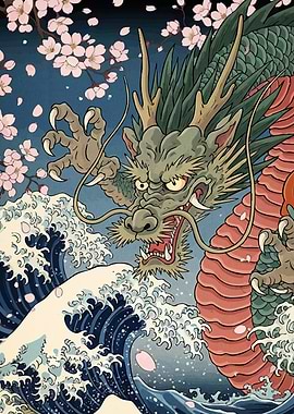 Japanese Dragon Waves Cherry Blossoms