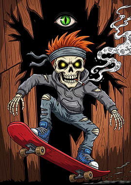 Skateboarder Skeleton with Third Eye
