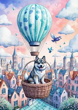 Joyful Husky Puppy in Pastel Hot Air Balloon Over Dreamy Town