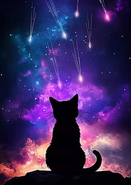 Cat Silhouette Watching Shooting Stars
